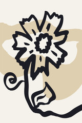 Poster or card with ink brush abstract flower sketch and grungy organic shapes. Black silhouette of minimalist doodle floral element and geometric design