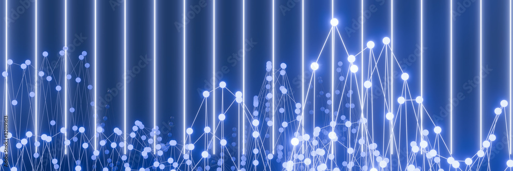 Poster abstract digital graph with glowing blue lines and dots on a dark background.3d rendering