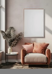 A blank picture frame mock-up in a modern furnished room
