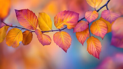 Fototapeta premium A branch covered in vibrant yellow and red leaves during autumn