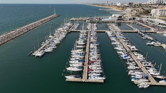 Aerial video above the marina in the city of Ashkelon in southern Israel