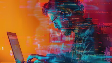 In the photo is a man wearing glasses and a blue shirt coding on his laptop. The background is bright orange with a yellow light on the man.