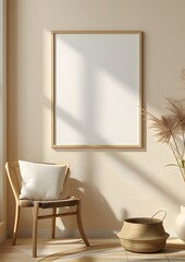 A blank picture frame mock-up in a modern furnished room