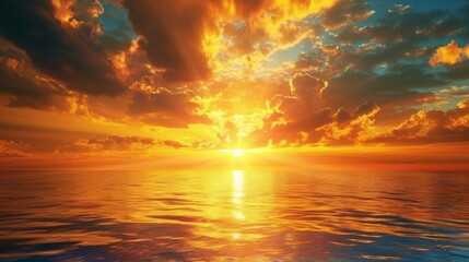 Obraz premium Dramatic ocean sunset with vibrant clouds - A breathtaking image showing the setting sun over the ocean with dramatic orange and yellow clouds reflected on the water's surface