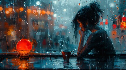 Woman sitting lost in thought on rainy evening - A contemplative woman sitting at a wet table, looking out a rain-spattered window with a vibrant city in the background