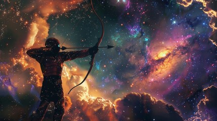 Silhouette of an archer amidst space clouds - A digital artwork featuring a silhouette of an archer aiming an arrow towards the sky, set against a backdrop of colorful space clouds