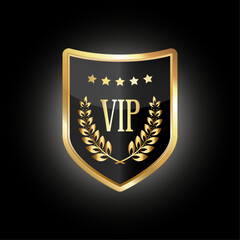 Vip golden shield with laurel branches on a black background. Premium. Royal