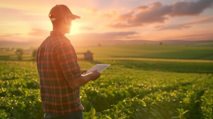 Fototapeta premium Farmer Checking Crop Health With Tablet in a Sunny Field Morning