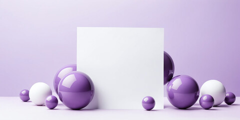 Mockup with White Sheet and Glossy Colorful Balls on Purple Background