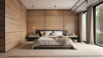 Cozy Beige Bedroom with Natural Wooden Walls, Soft Bedding, and Warm Lighting, Perfect for a Rustic and Serene Home Retreat