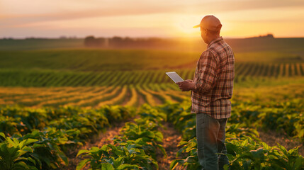 Fototapeta premium Farmer Checking Crop Health With Tablet in a Sunny Field Morning