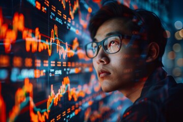 An Asian analyzing stock data