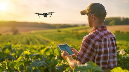 Farmer Operating Drone Over Cropland During Golden Sunset in Summer