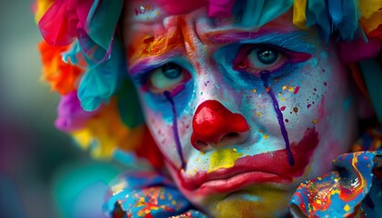 Colorful Sad Clown with Tearful Expression