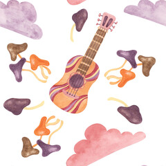 Seamless pattern with retro guitar, tape, clouds and mushrooms in watercolor. Vintage hippie music textile ornament clipart. Hand drawn nostalgic print for clothing, wallpaper, wrapping, scrapbooking