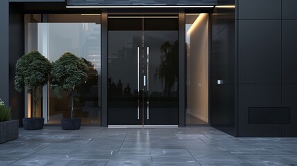 Sleek Black Modern Main Door Design with Chrome Handles and Glass Panel