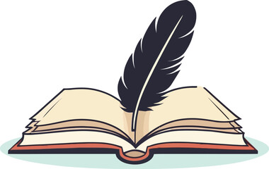 An opened book with a feather vector illustration