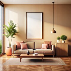 A living room with a couch, coffee table, and potted plants