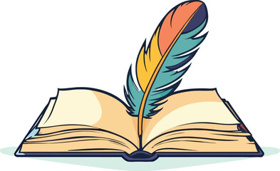 An opened book with a feather vector illustration