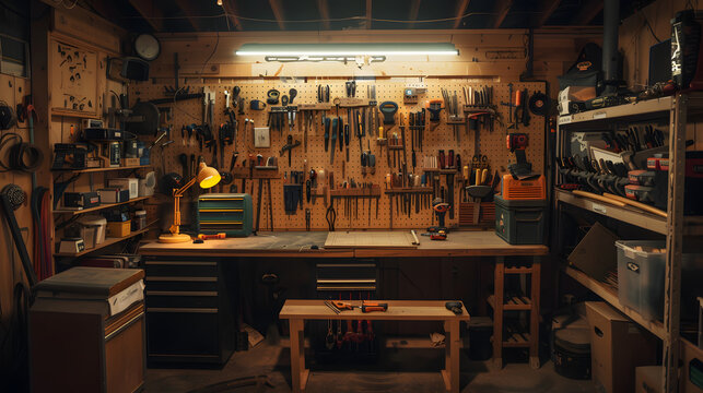 A DIY workshop man cave with tools organized on the walls a workbench and projects in progress.