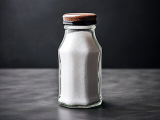 Gray kitchen table with salt bottle, text space