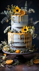 A decorative plate on a table displays a cake decorated with vibrant flowers and slices of oranges, creating a colorful and elegant centerpiece