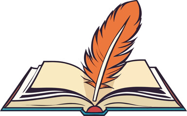 An opened book with a feather vector illustration