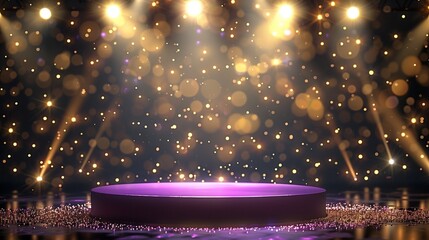 A sleek violet podium illuminated by intense spotlights, surrounded by a backdrop of twinkling...