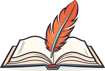 An opened book with a feather vector illustration