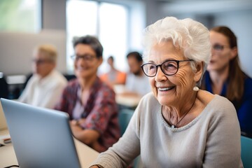 Curious mature woman engaged in IT training during computer courses for adults