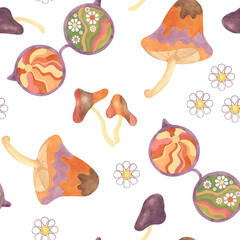 Retro groovy seamless pattern with mushrooms, daisies and glasses in watercolor. Vintage floral hippie fungi textile ornament clipart. Hand drawn nostalgic print for clothing, paper, scrapbooking