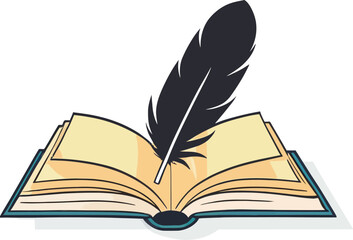 An opened book with a feather vector illustration