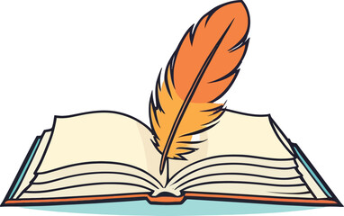 An opened book with a feather vector illustration
