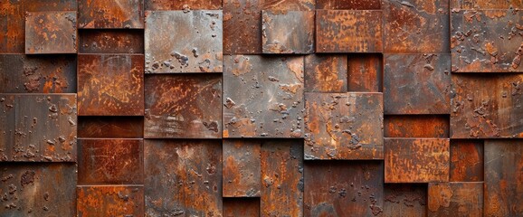 Close-up of rusty metal tiles showcasing a weathered texture, creating an industrial and vintage aesthetic with rich, warm tones..