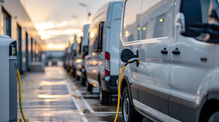 A fleet of electric delivery vans charging at a station.