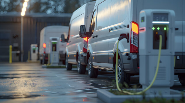A fleet of electric delivery vans charging at a station.