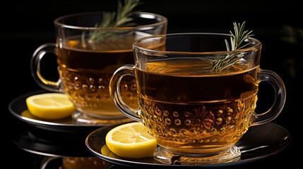 Mulled wine and spices cup with pine branch on black background for product promotion