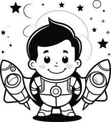 Obraz premium Cartoon boy with rocket and spaceship Vector illustration