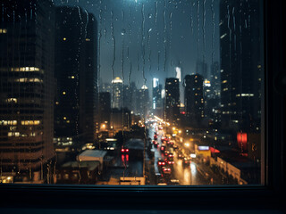 Fototapeta premium City lights shimmer through a rain-soaked window