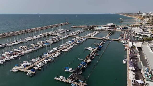 Aerial video above the marina in the city of Ashkelon in southern Israel