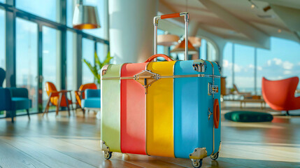 Colorful green yellow, orange and blue suitcase in a modern hotel hall with large windows in the background	