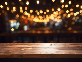Amidst blurred bokeh lights, a wooden bar table sets the scene in a dimly lit caf?