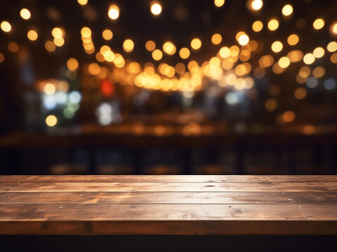 Amidst blurred bokeh lights, a wooden bar table sets the scene in a dimly lit caf?