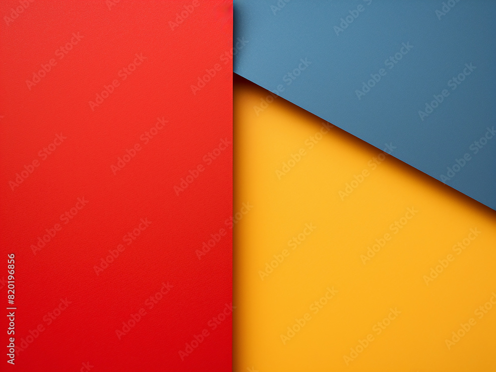 Poster geometric patterns in red and blue adorn a yellow background with a smooth paper texture