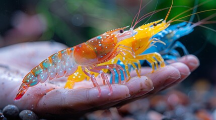 Four colorful vanamii shrimps were lined up on both hands, and beneath them, there was a blurred background of shrimp in the background.