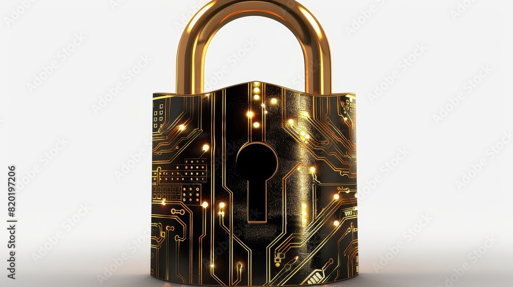 Poster a golden padlock featuring embedded circuits, isolated on white background, highlighting digital sec