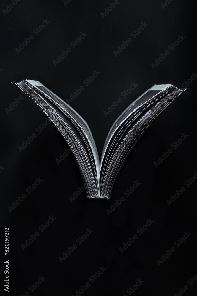 Poster levitating open book on black background - an open book with pages mid-turn appears to float against