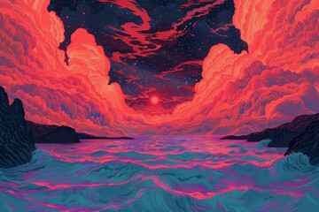 Surreal Red Clouds and Stars over the Ocean