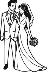 Romantic wedding couple one line art love vector illustration