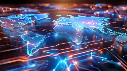 A cybernetic world map with intricate circuitry overlaying continents, top view, demonstrating global tech integration, cybernetic tone, black and white